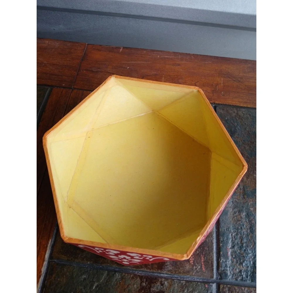 Vintage Kashmiri Papier Mache Hexagonal Trinket‎ Box Red Floral Stenciled 6